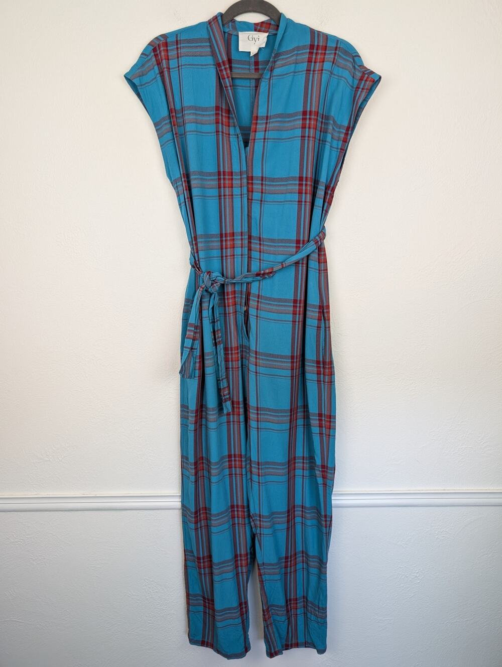 Giyi Jumpsuit Plaid Quirky Eclectic Eco Sustainable Boho Blue Red Size L/XL